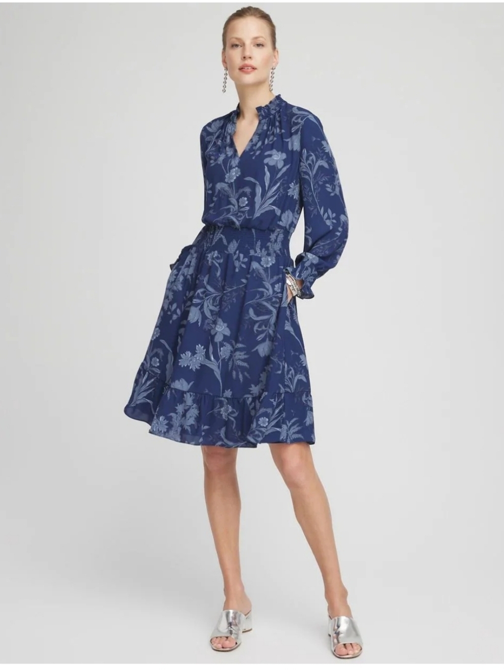 Chico's Floral Smocked Waist Ruffle Dress Blue Size 16/ 18 Chicos Size 3
